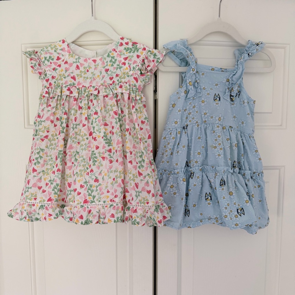 Girls Floral Heart Print and Bluet Dresses - Pink & Blue